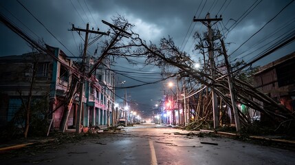 The aftermath of a tropical storm, with a collapsed electrical system and widespread blackout, as power lines lay down, plunging a city into darkness.