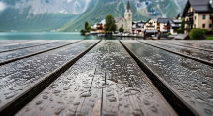 Fototapeta premium Rainy Wooden Pier Overlooking Hallstatt Village and Lake with Church - Scenic Alpine Landscape Photography