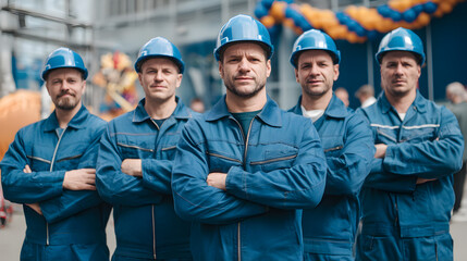 Team of engineers in uniform and helmets standing together with confidence and professionalism