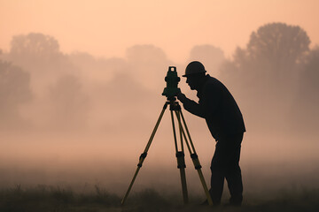 Silhouette of a surveyor using a theodolite in a foggy landscape at dawn.