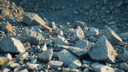 Rocks and rubble in a quarry or construction site, with broken stones and debris scattered across the ground.