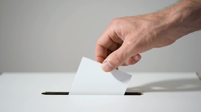 Hand Inserting Blank Ballot Into Box In a Light Gray Background