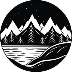 Mountains, Rivers and Sunrise/Sunset Illustration &ndash; Minimal Nature Landscape Art