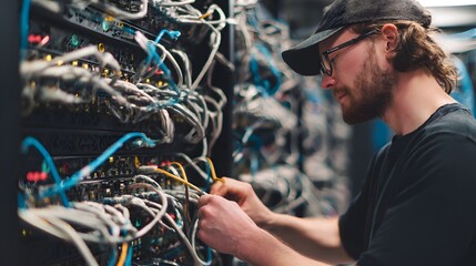 IT professional managing server room cabling. Ensuring stable connections, security, and optimization of digital infrastructure.