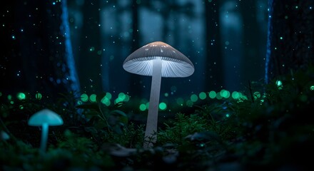 Enchanted Forest Mushrooms Glowing Fungi in a Mysterious, Dark Woodland Setting