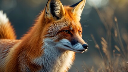 Fototapeta premium A fox in natural daylight with alert eyes and fur, outdoor setting, wildlife image.
