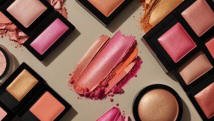 Cosmetics and makeup products with pigment swatches and powder blushes. Beauty and fashion, makeup collection and application. The concept of cosmetics and beauty enhancement.