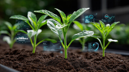 Innovative technology enhances plant growth in modern garden, showcasing data analytics and digital interfaces