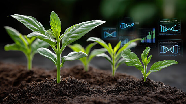 Innovative plants growing in rich soil, symbolizing growth and biotechnology, with digital graphs representing genetic data and progress