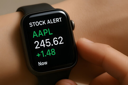 Smartwatch displays AAPL stock alert with price increase.