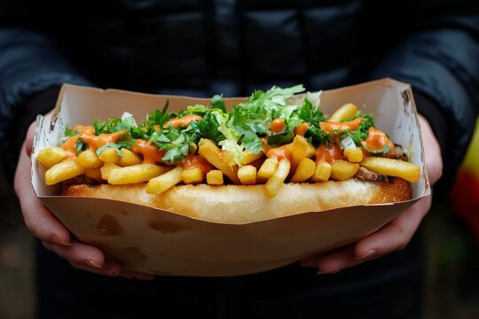 selective focus Belgian mitraillette sandwich with crispy fries and grilled meat