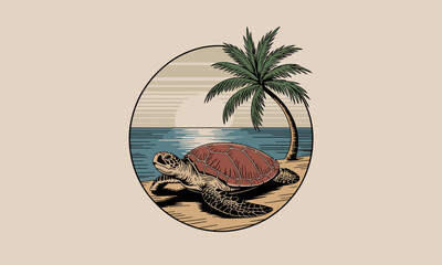 A beautiful illustration of a turtle on a sandy beach, with a palm tree and a tranquil sunset reflecting on the water, highlighting the natural beauty of coastal environments.
