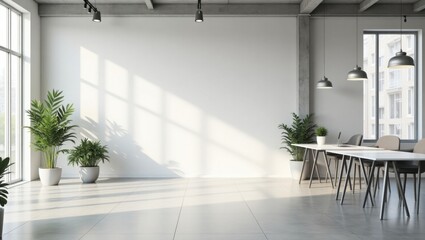 Obraz premium Espacio de oficina de coworking minimalista y luminoso con pisos de concreto, grandes paredes de vidrio, luces colgantes y escritorios blancos modernos