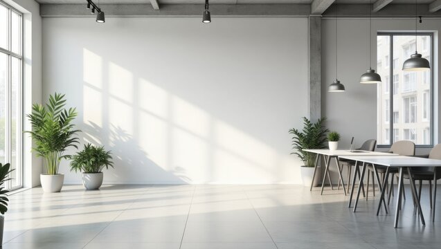 Espacio de oficina de coworking minimalista y luminoso con pisos de concreto, grandes paredes de vidrio, luces colgantes y escritorios blancos modernos