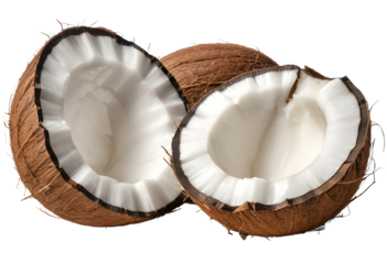 Brown Coconut and Open Half Showing Inner Flesh – PNG Isolated Image