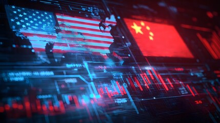 Digital representation of geopolitical finance showing two major countries competing with stock market data against an abstract background.