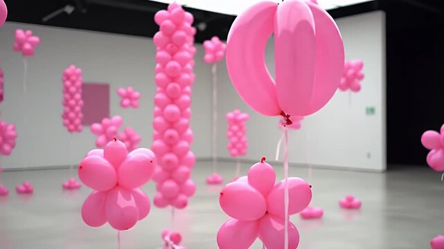 Pink Flower and Column Balloon Installation in a White Gallery with Polished Gray Floor
