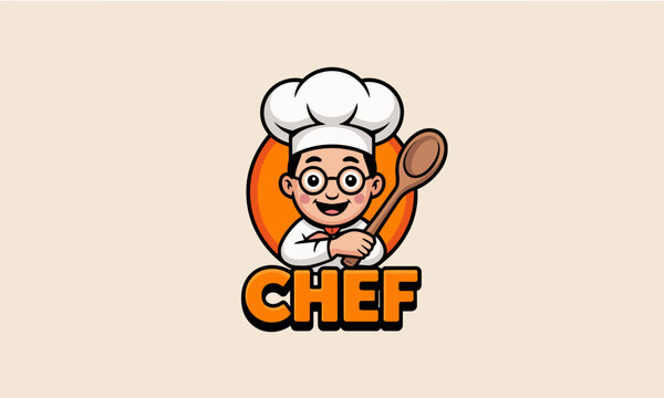 This delightful image features a smiling chef character holding a spoon, creating a warm and inviting feel suitable for restaurants and food-related businesses.