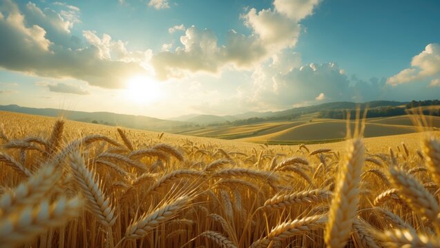 Golden wheat field at sunset with clouds and rolling hills.