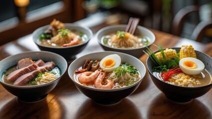 Assorted bowls of ramen and noodle soup served on a wooden table with toppings like eggs, seafood, meat, and vegetables.