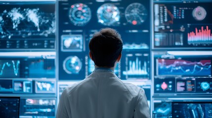 A person in a lab coat looks at multiple screens displaying data graphs, charts, and other scientific information.