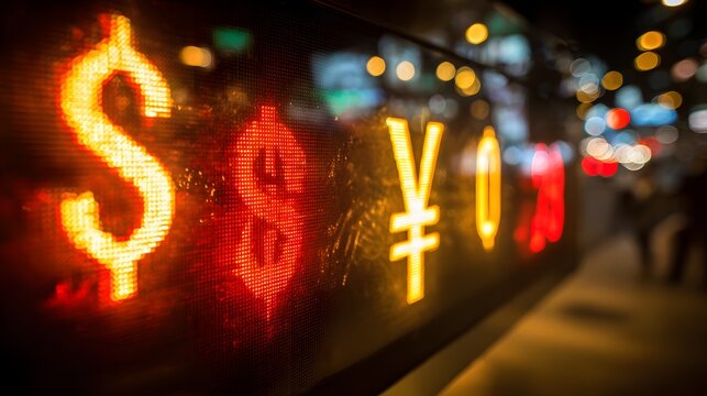 Currency symbols illuminate the financial markets on display board. Displaying exchange rates for global business and investment trends.