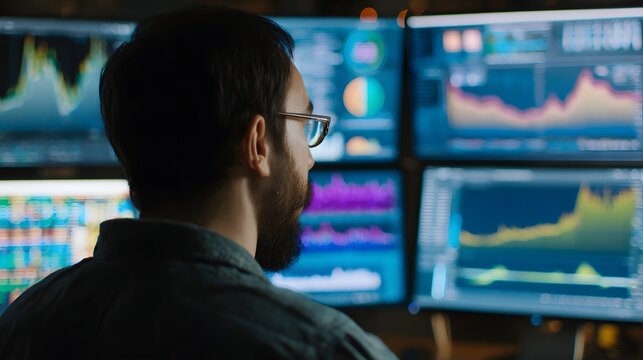 Financial analyst reviews real-time stock market data on multiple monitors, tracking trends and making informed investment decisions.