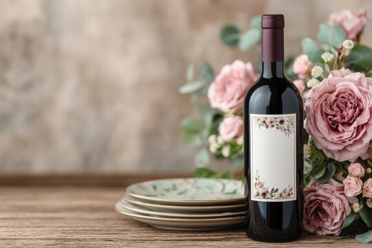 A beautifully labeled wine bottle is placed next to decorative dinner plates and a large bouquet of pink roses and greenery, creating a warm and inviting dining atmosphere. - Powered by Adobe