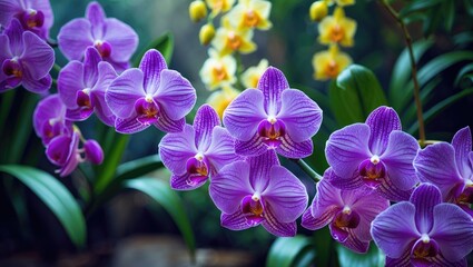 Vibrant purple orchids with yellow and white flowers in the background, lush green leaves. Beautiful floral display.