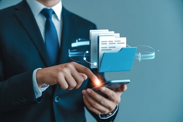 Confident businessman uses smartphone to interact with digital files and data streams, showcasing modern data management.