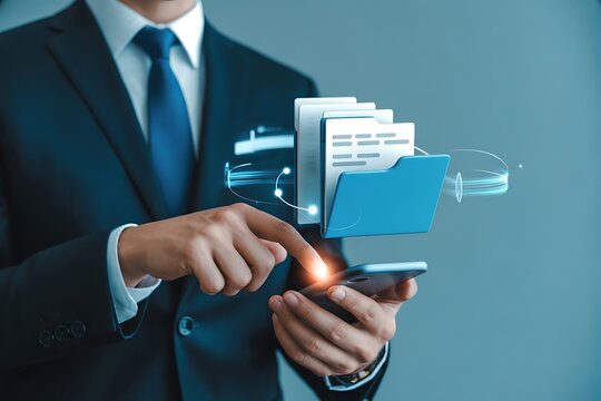 Confident businessman uses smartphone to interact with digital files and data streams, showcasing modern data management. - Powered by Adobe