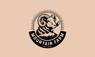 This elegant logo showcases a stylized ram alongside mountain peaks, embodying strength and nature's beauty. Ideal for branding or marketing purposes for farms and outdoor brands.