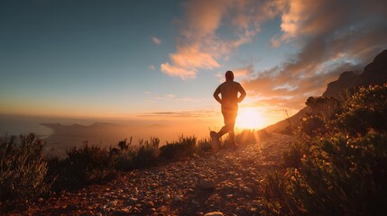 Runner silhouetted against a golden sunrise on a mountain path, overlooking the ocean, embodying fitness, health, and adventure.