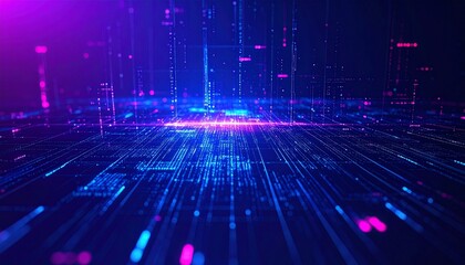 Abstract, futuristic cyberpunk background with glowing neon lines and a tech grid pattern. Perfect for digital advertising, technology, and data-themed projects
