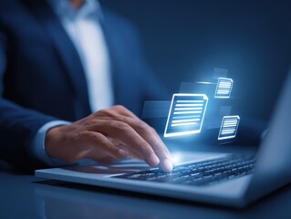 E-Invoice and Digital billing concept, Businessman using laptop to manage electronic statements on virtual screen. E-tax, Digital receipt, Online invoice processing and tax accounting solutions.