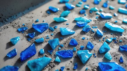 Blue gemstone fragments scattered on the surface. Decorative jewelry and mineral sample. Crushed and shattered stones. The concept of gemstone collection and geology.