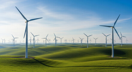 Panoramic view of a field of wind turbines on rolling green hills under a blue sky with wispy clouds.