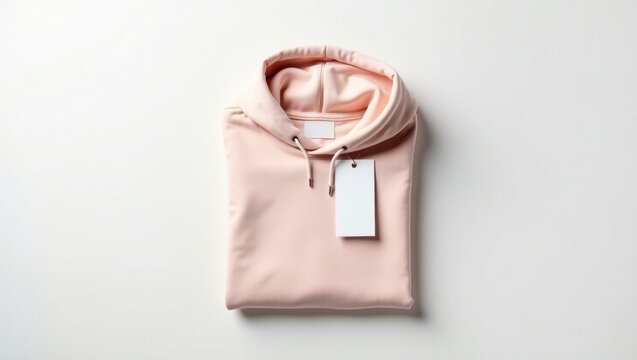 Sudadera con capucha de color pastel doblada con una etiqueta rectangular visible sobre una superficie blanca, que muestra una disposici&oacute;n plana limpia