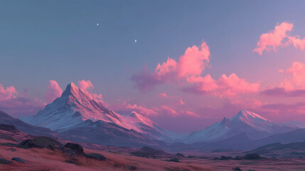 Fototapeta premium Mountain range with snow peaks pink and purple sky during sunset, rocky terrain foreground