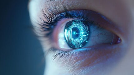 Cybernetic Eye Human eye transforming into a robotic eye with glowing blue light, futuristic transhumanism concept
