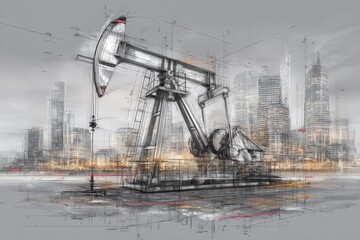 Fototapeta premium An oil pump jack operates in the foreground against a modern city skyline at dusk. The scene blends industrial activity with the backdrop of towering skyscrapers, showcasing urban development.