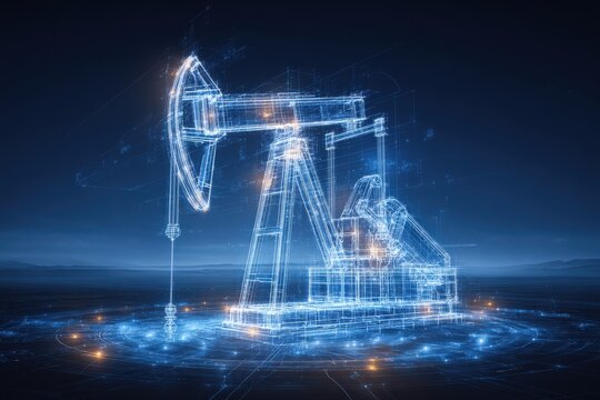 A detailed digital rendering of an oil pumpjack illuminated in blue neon lights against a dark backdrop, showcasing an advanced technological interpretation of oil extraction.