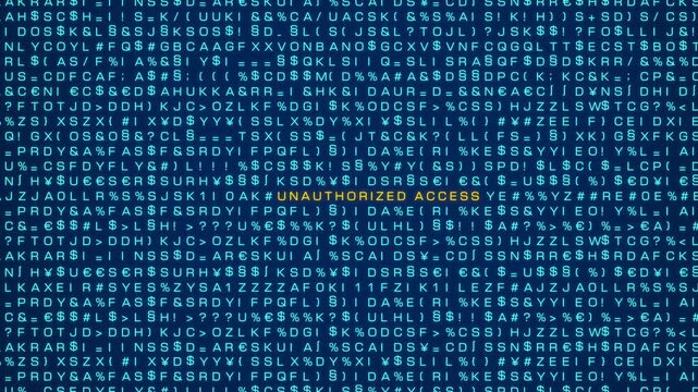Unauthorized access, computer warning sign. Random letters, signs, computer code, bits and bytes. System message, cyber attack, threat, security, virus, computer crime. 3D animation