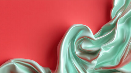 Smooth, flowing fabric with shiny surface drapes over coral background, creating dynamic