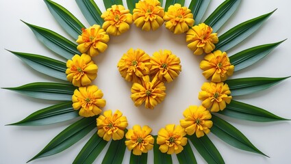 A circular arrangement of yellow flowers and green leaves.