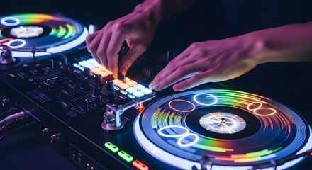Obraz premium DJ hands mixing music on illuminated turntables with glowing colorful lights