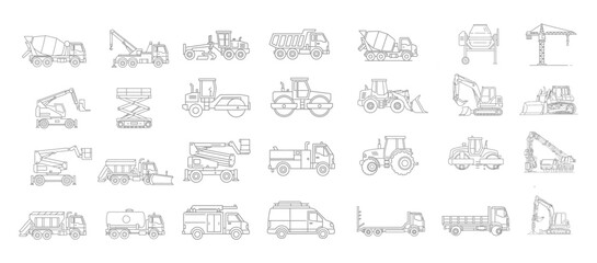 Collection of Construction Vehicles and Equipment Line Art Illustrations Heavy Machinery and Industry Icons Designs for Print