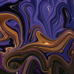 Abstract liquid art with deep violet, gold, and copper swirls, creating a luxurious fluid design for backgrounds, textiles, or creative visuals.