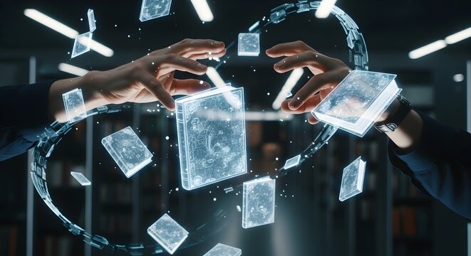 Close up of hands interacting with holographic floating books in a futuristic library