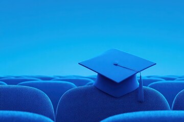 A graduation cap sits on an empty seat in a spacious auditorium, creating a tranquil atmosphere. The seats blend into various shades of blue, evoking a sense of anticipation and celebration.